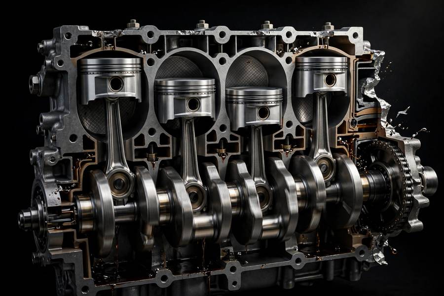 Engine cutaway showing pistons and crankshaft, the visual answer to what is torque in cars