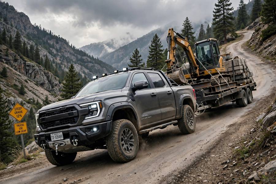 Diesel truck towing uphill, a real-world demonstration of what is torque in cars used for