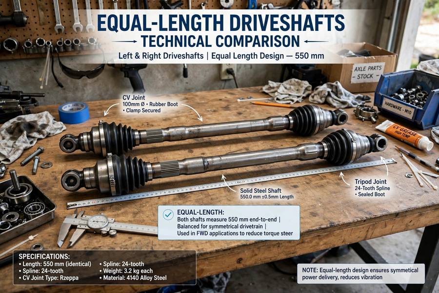 Driveshaft layout comparison showing how unequal half-shafts contribute to torque steer