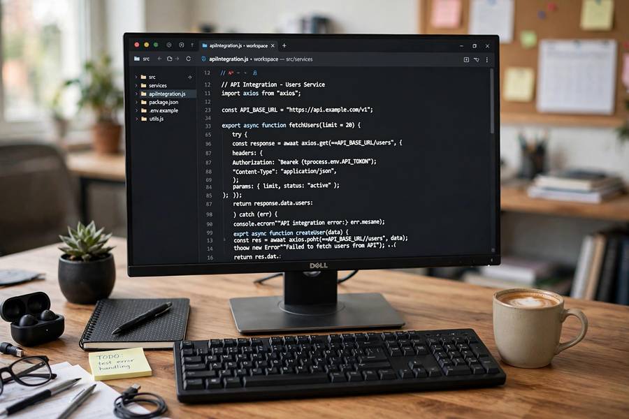 Developer integrating a TTS API into an application with code on screen