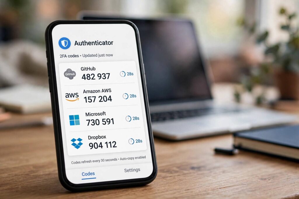 Smartphone showing authentication app with security codes, laptop in background