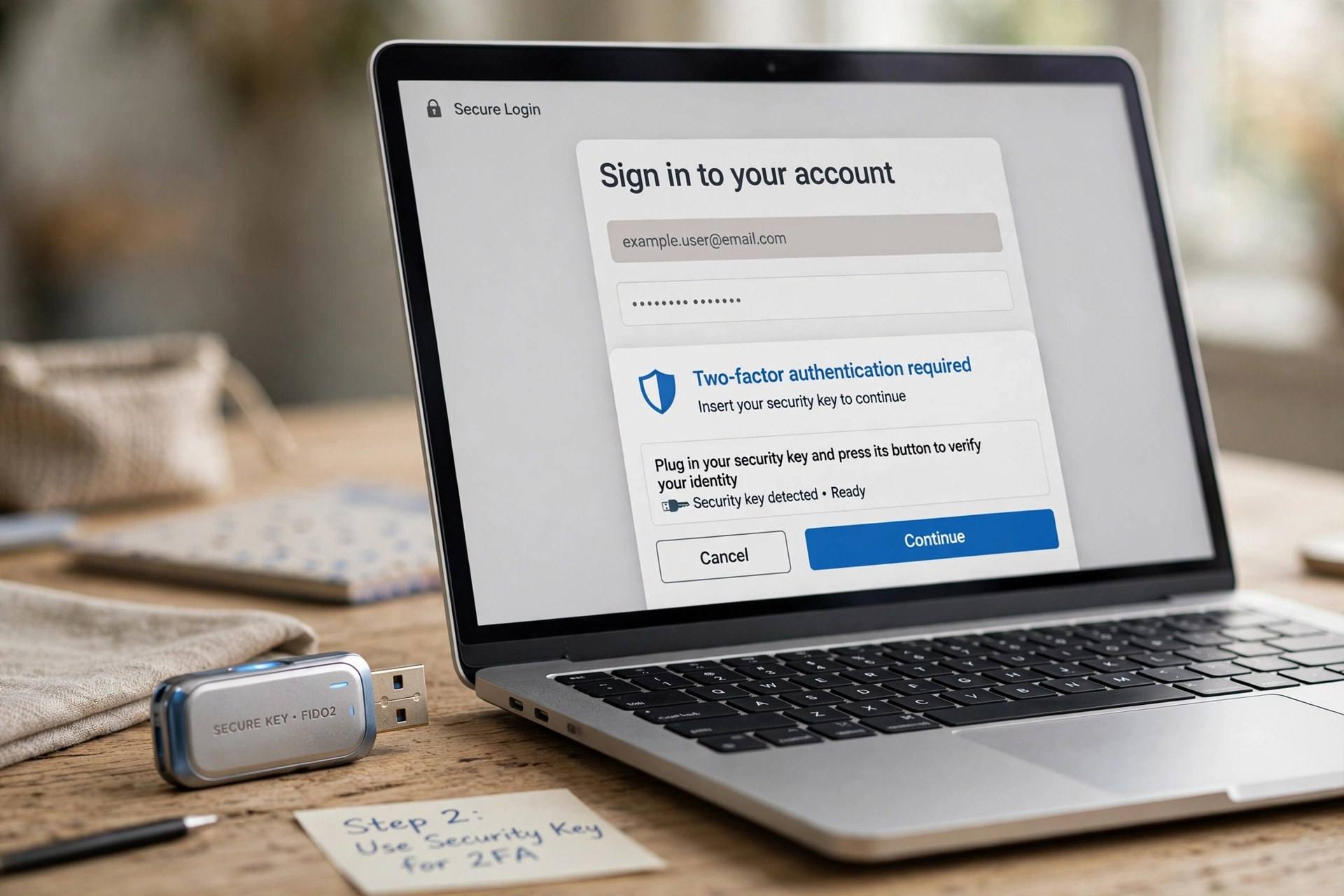 Physical security key next to laptop showing login screen, cybersecurity concept