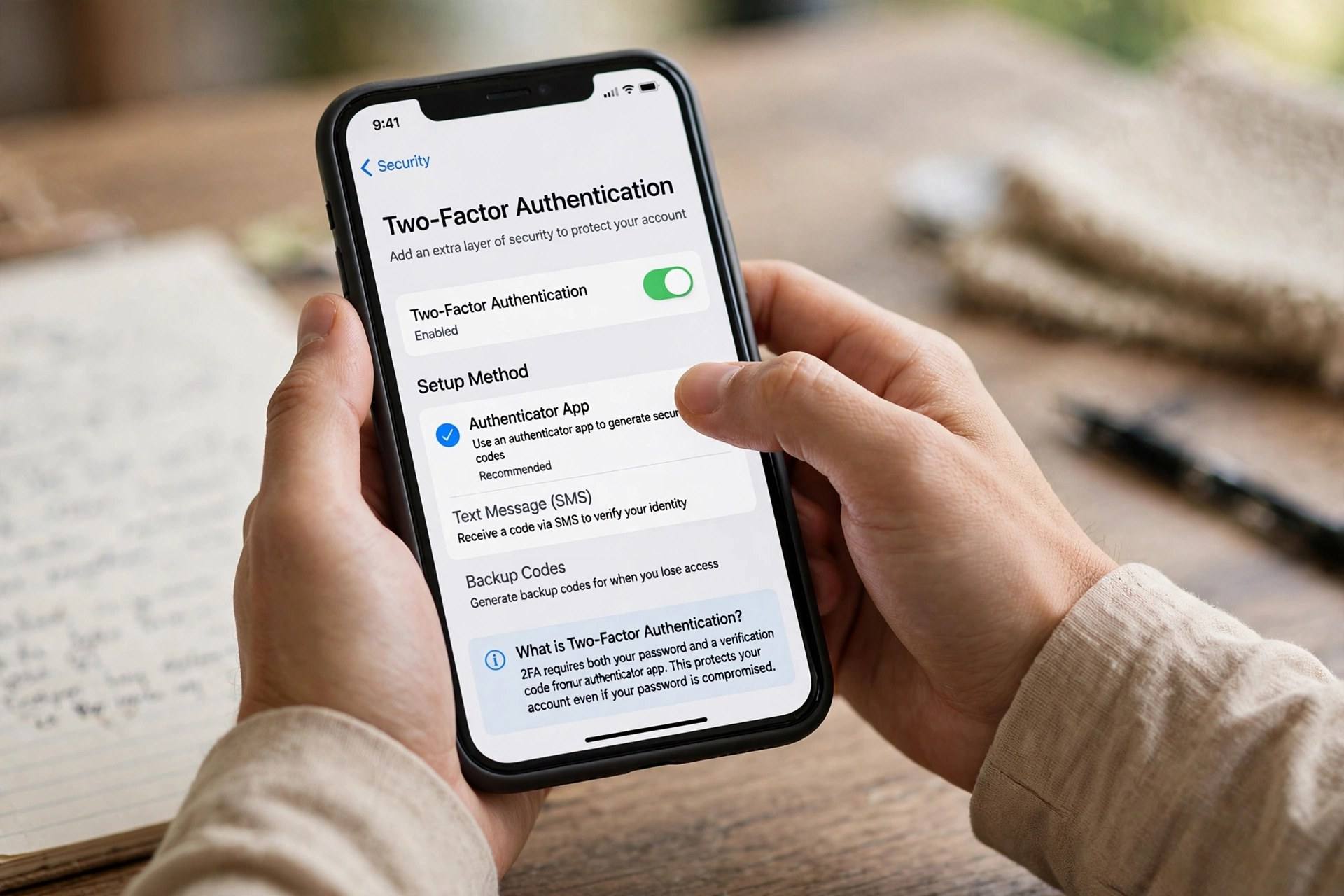 Person enabling two-factor authentication in phone settings, close-up of hands and screen