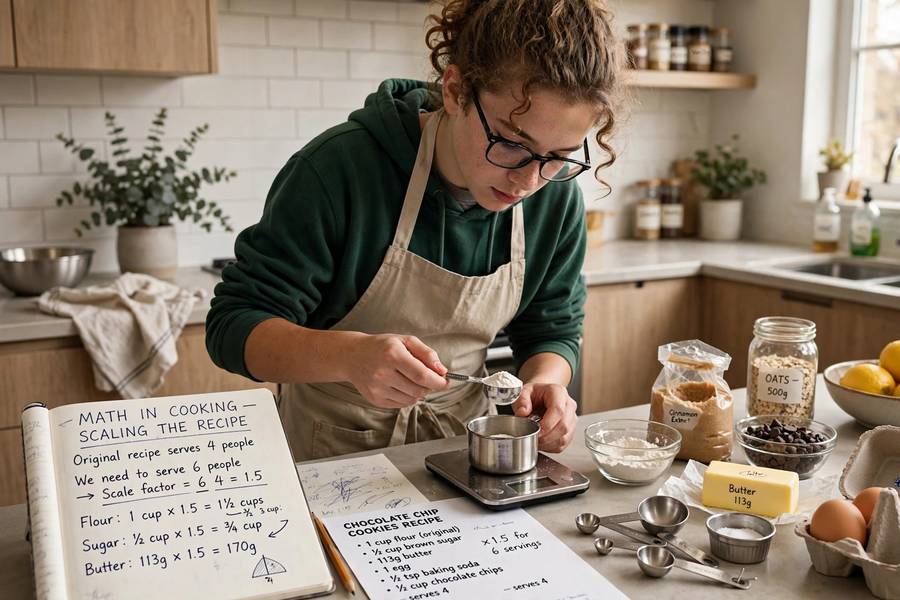 Teenager learning practical math through cooking as part of unschooling