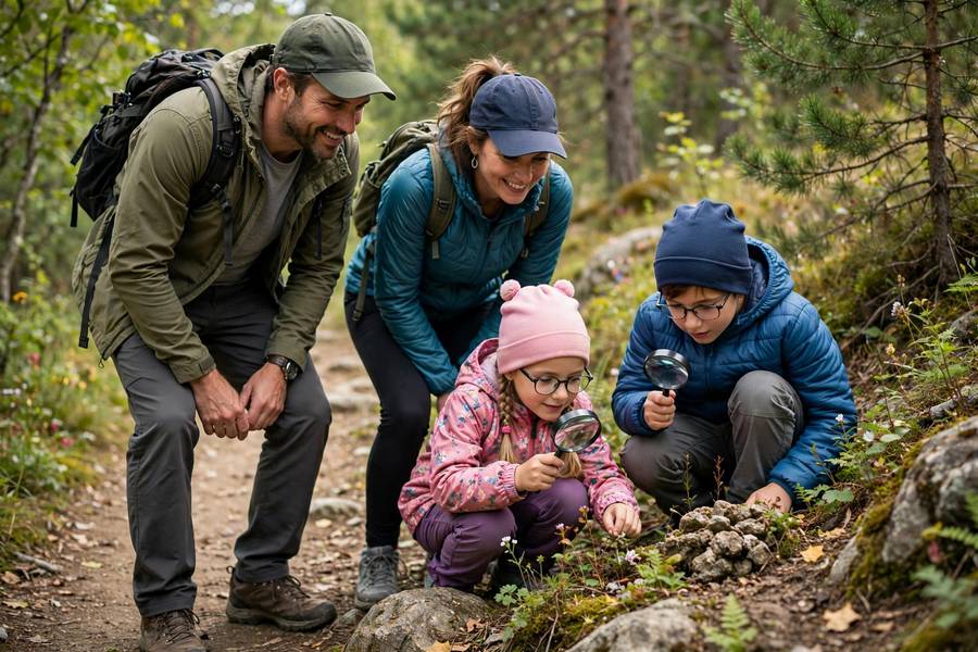 Family on a nature hike with children exploring science through unschooling