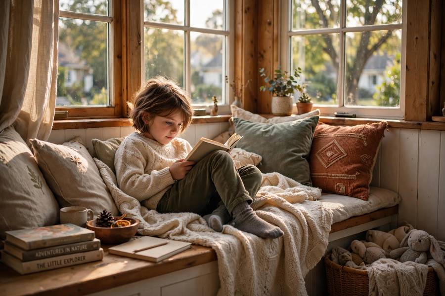 Child reading for pleasure at home in an unschooling household