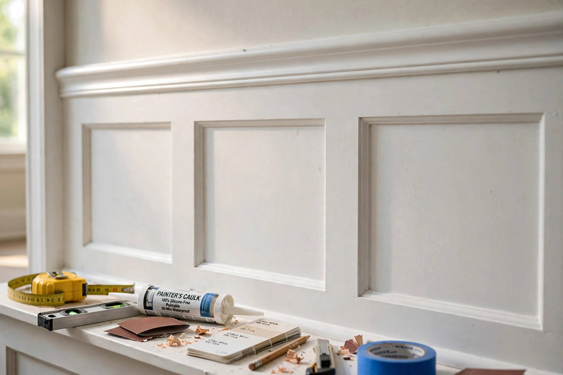Close-up of white shaker-style wainscoting panels with chair rail detail