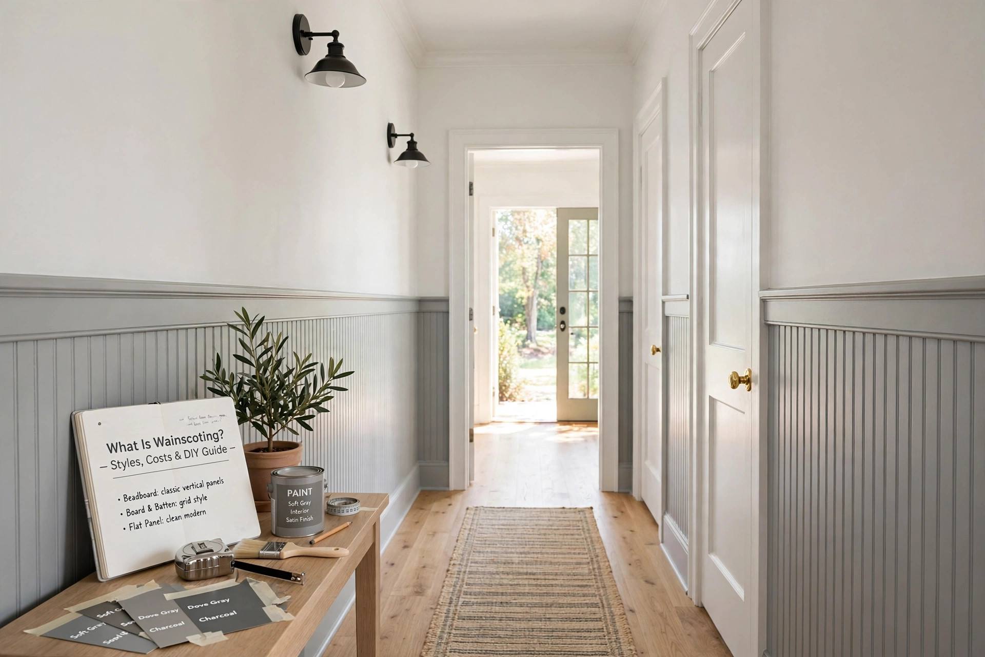 Bright hallway with beadboard wainscoting painted soft gray