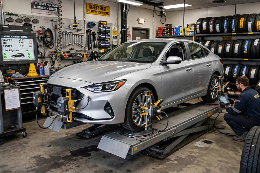Car on an alignment rack showing what is wheel alignment service in practice