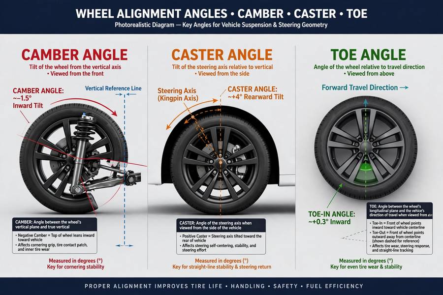 Diagram of camber caster and toe angles central to what is wheel alignment