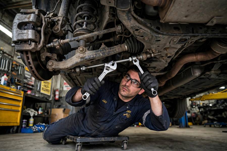 Technician adjusting alignment components during what is wheel alignment service