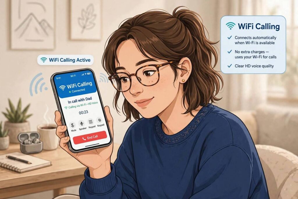 Person using a smartphone with WiFi calling feature illustration