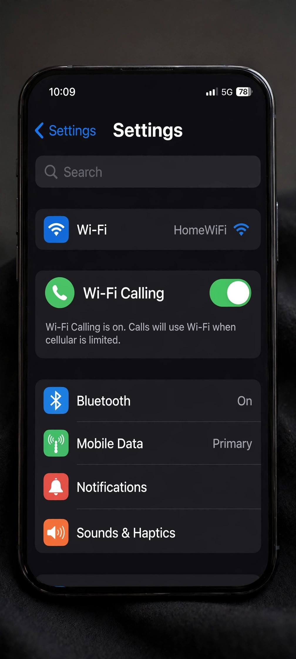 Smartphone showing WiFi calling enabled in settings with a strong WiFi signal icon