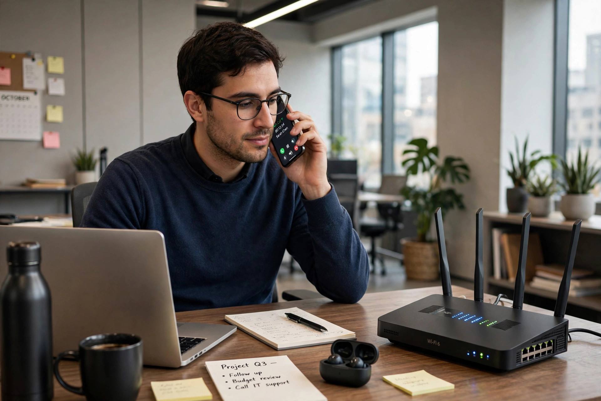 Person making a phone call over WiFi in a modern office with a router nearby