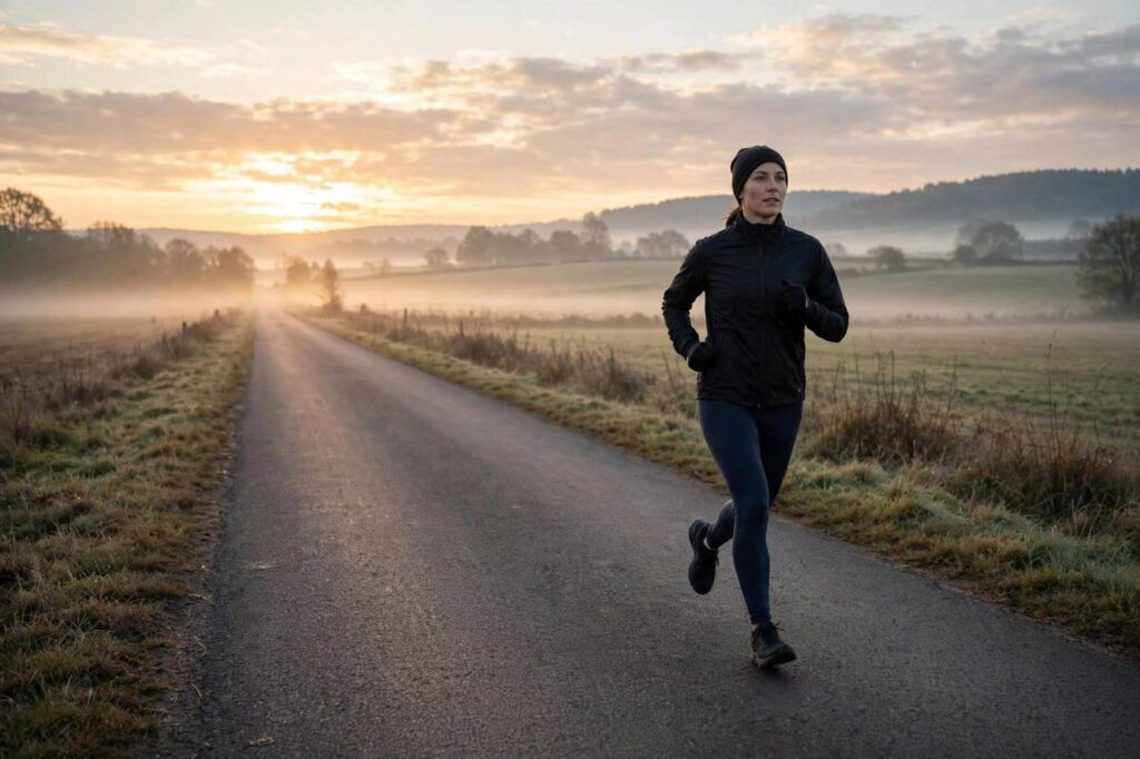 Athlete doing zone 2 cardio training with a sunrise run on an empty road