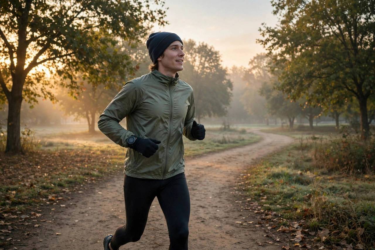 Runner jogging at easy conversational pace on a park trail at sunrise, wearing a heart rate monitor watch