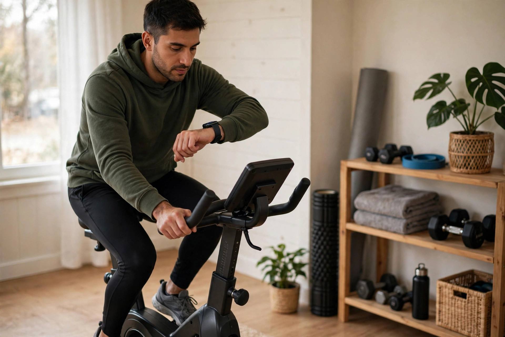Person cycling at steady moderate pace on a stationary bike in a home gym, checking heart rate on watch