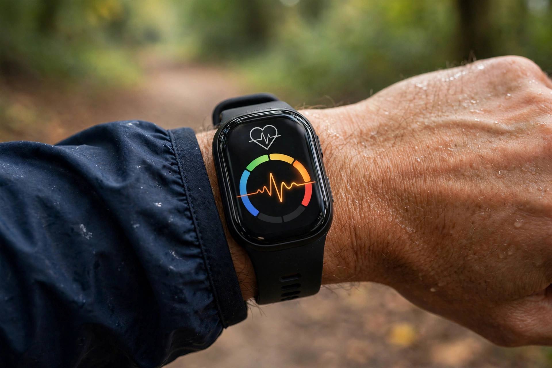 Fitness tracker watch displaying heart rate zone data during an outdoor cardio workout
