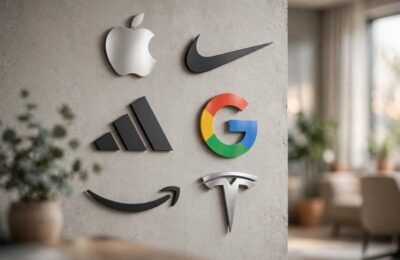 A wall of famous brand logos showing memorable business names