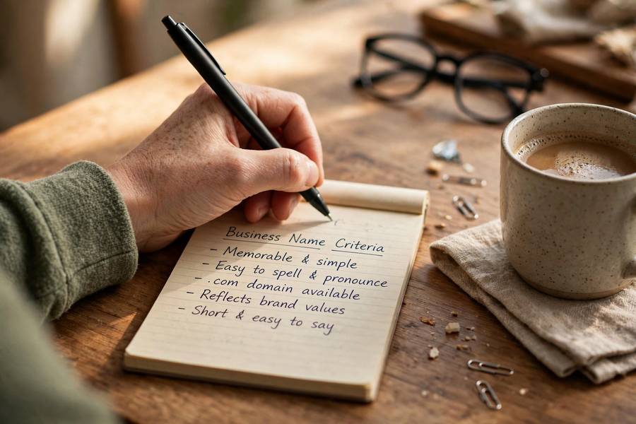 Writing down the traits of a good business name on a notepad