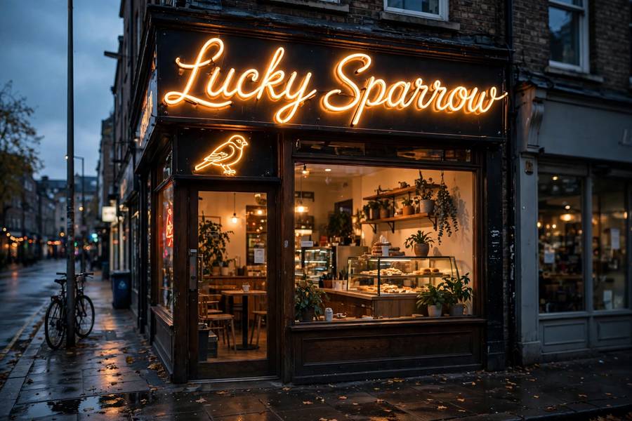 A glowing neon shop sign with a catchy memorable business name