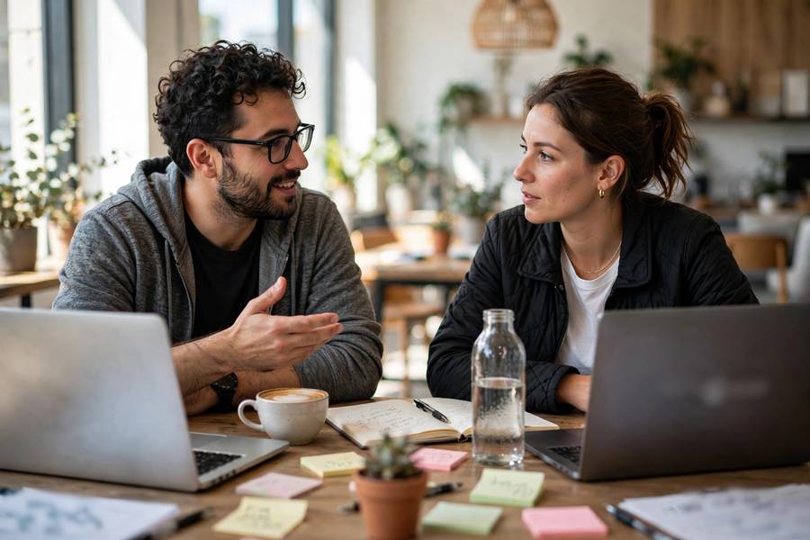 Two entrepreneurs debating business name ideas in a coworking space