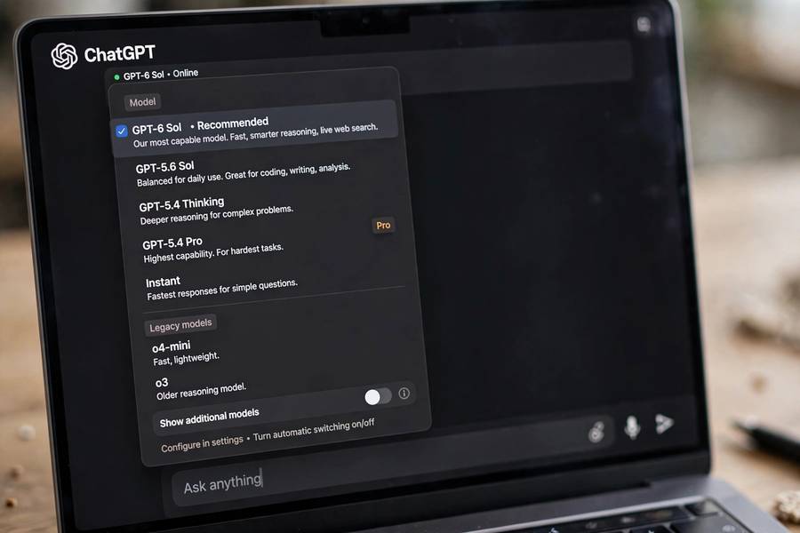 The ChatGPT model selector dropdown on a laptop screen