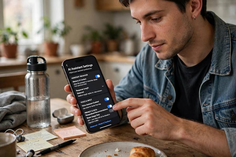 A person selecting AI model settings on a smartphone