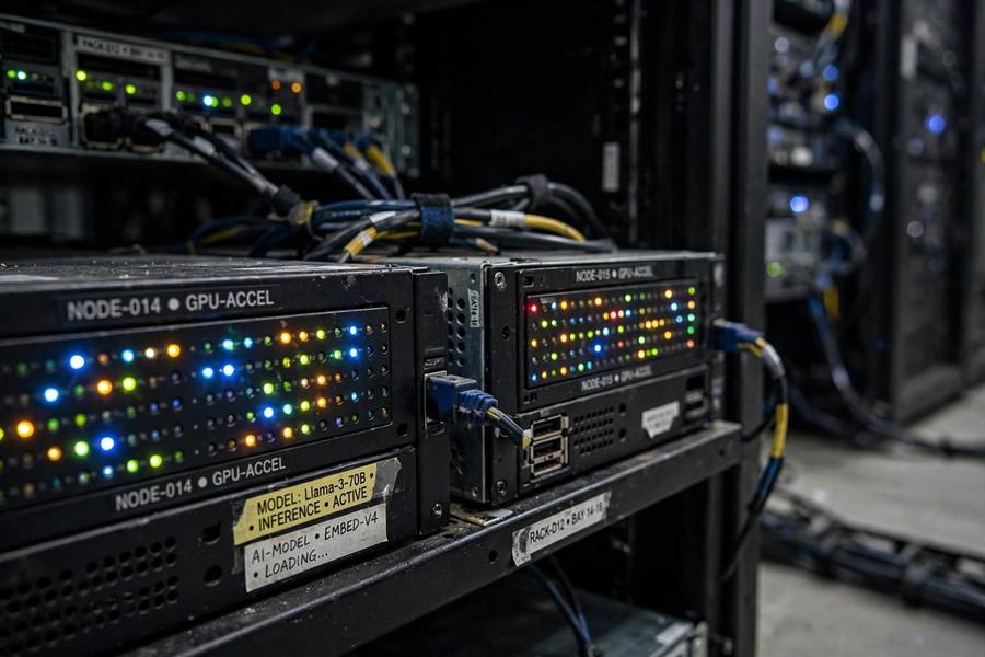 Server racks in a data center running AI models
