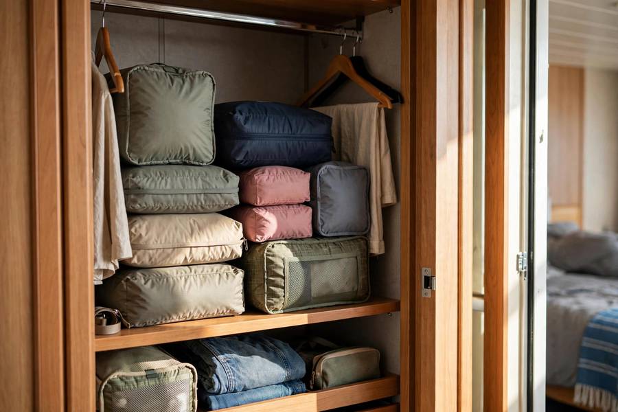Cruise cabin closet with organized packing cubes