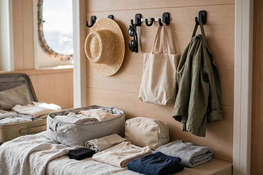 Minimalist cruise packing with magnetic hooks on wall