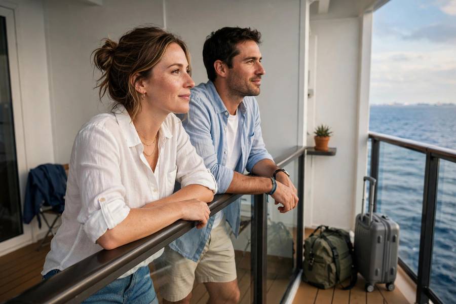 Couple on cruise balcony with light luggage
