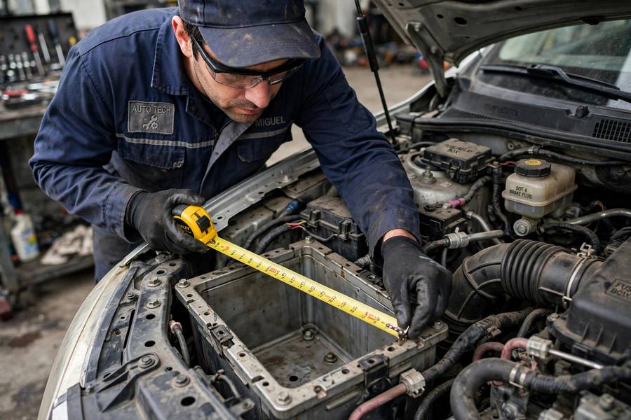 Mechanic measuring battery tray to find what size car battery is needed