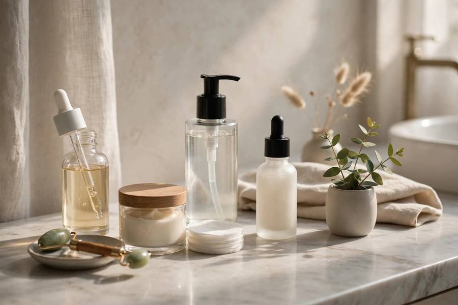Bathroom counter with organized skincare products, serums moisturizers cleanser, elegant setup, photorealistic