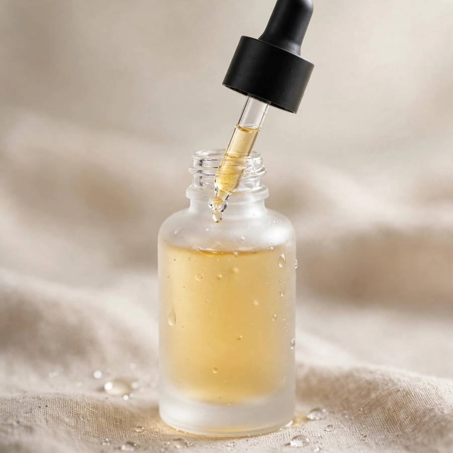 Close-up of vitamin C serum dropper bottle with orange liquid, luxury skincare product, soft light, photorealistic