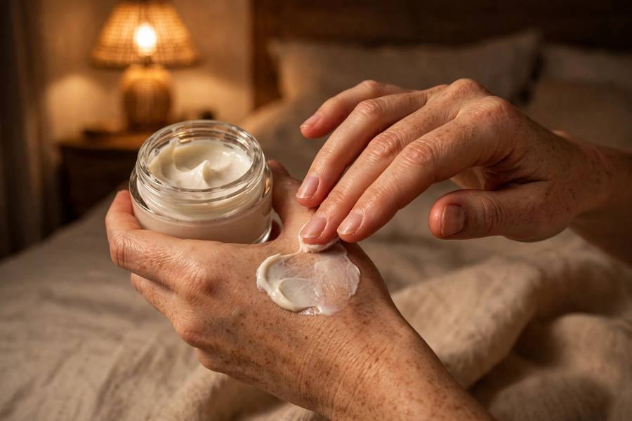 Hands applying rich night cream from open jar, nighttime routine, warm bedroom light, photorealistic