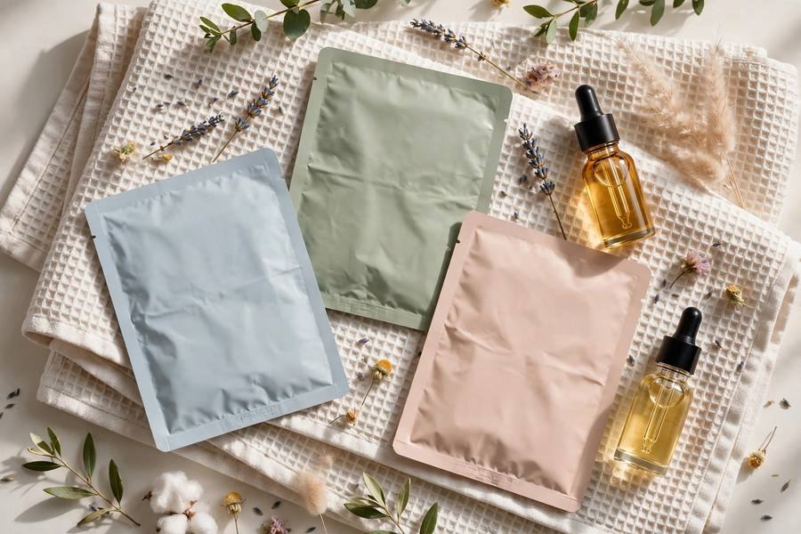 Collection of sheet masks and facial oils on spa towel, beauty flat lay, soft natural light, photorealistic