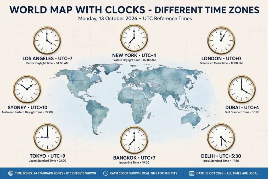 World map with clocks showing different time zones