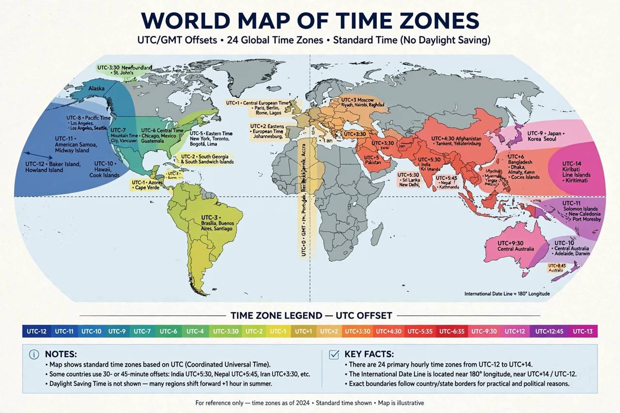 World map showing different time zones