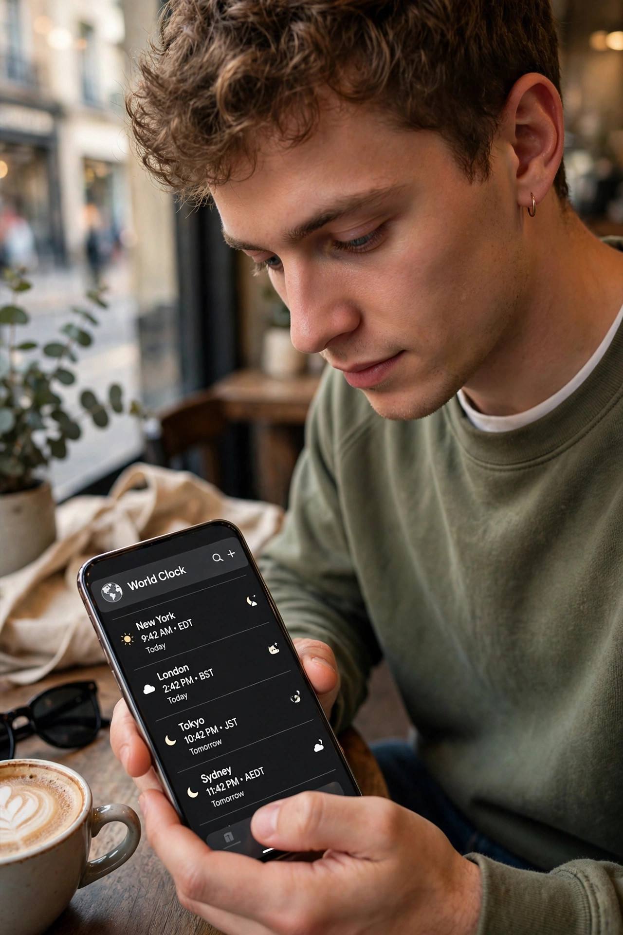 Person checking world clock on a smartphone
