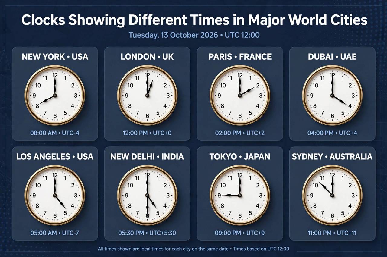 Clocks showing different times in major world cities