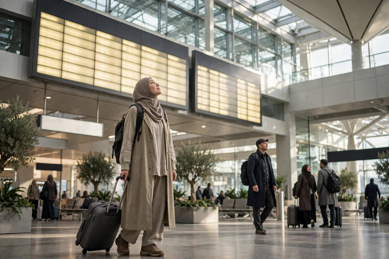 Traveler with luggage looking at departure boards in a bright modern airport terminal