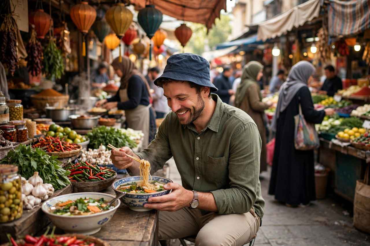 Traveler enjoying street food at an outdoor market during a daytime city layover escape