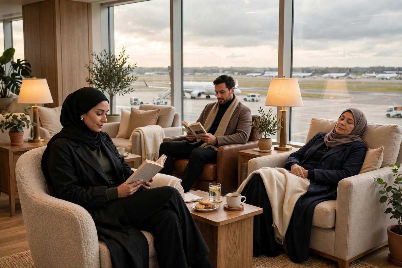 Cozy airport lounge interior with armchairs lamps and travelers relaxing between flights