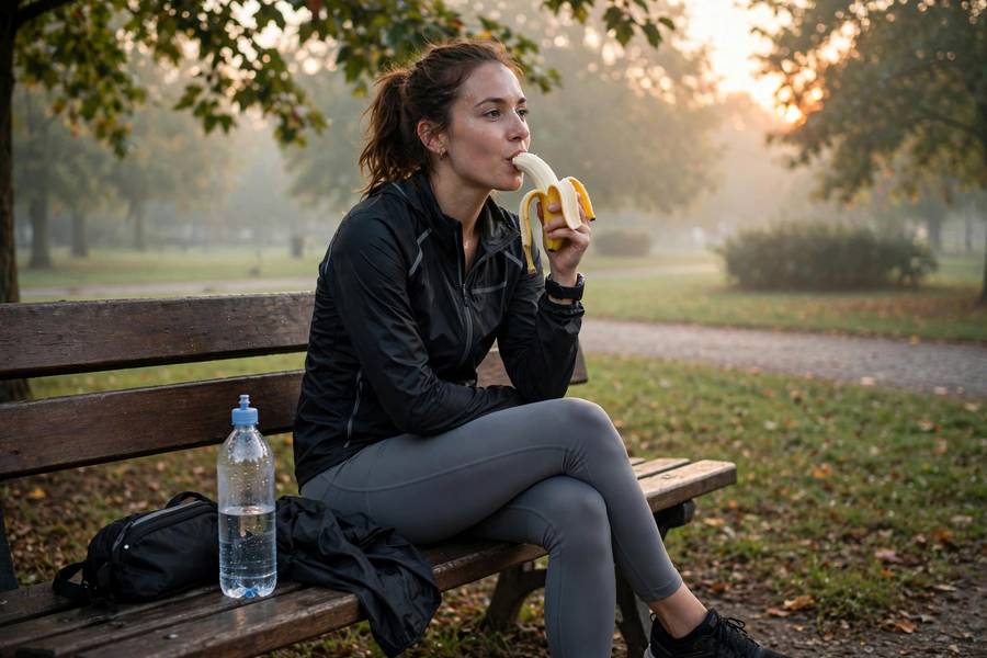 Runner having a banana showing simple what to eat after a workout ideas