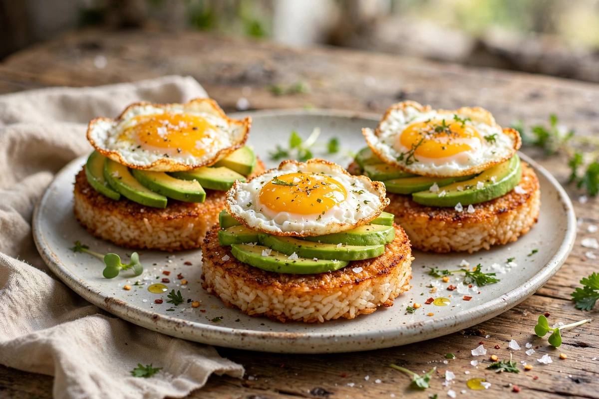 Crispy golden rice cakes topped with avocado and fried egg on a plate