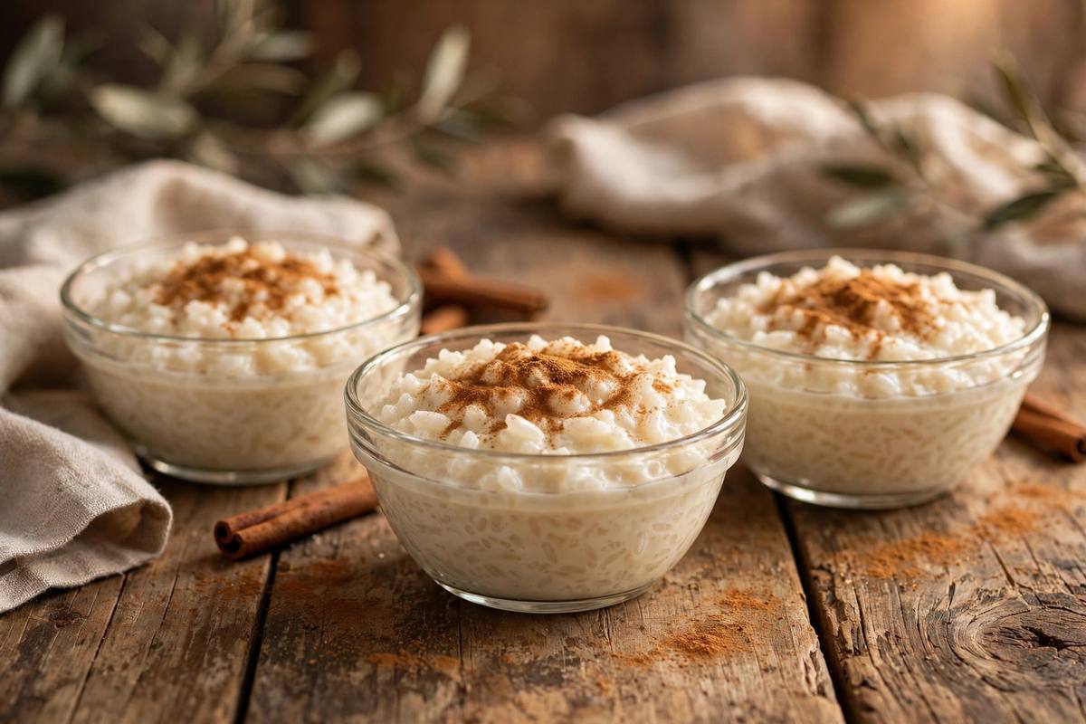 Creamy rice pudding with cinnamon in glass bowls on a rustic table