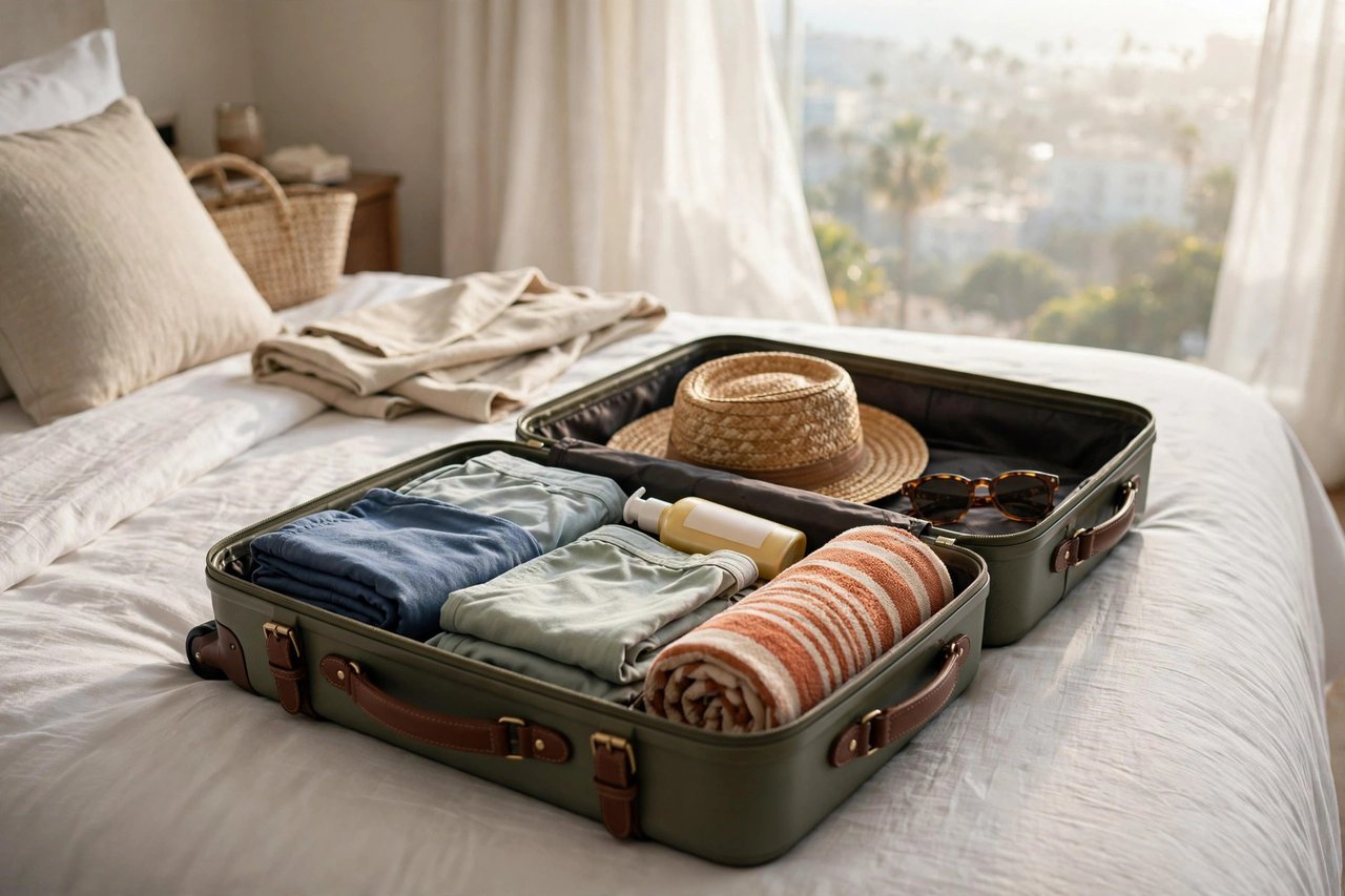 Open suitcase on a bed packed with swimwear, sunscreen and a straw hat for a beach trip