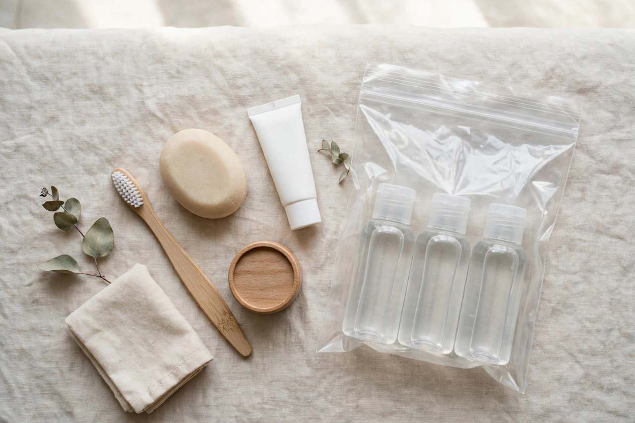 Travel toiletries arranged with a 1-litre clear bag showing 100 ml liquid bottles