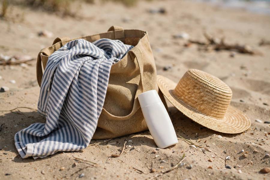 Beach bag with towel sunscreen and hat on sand